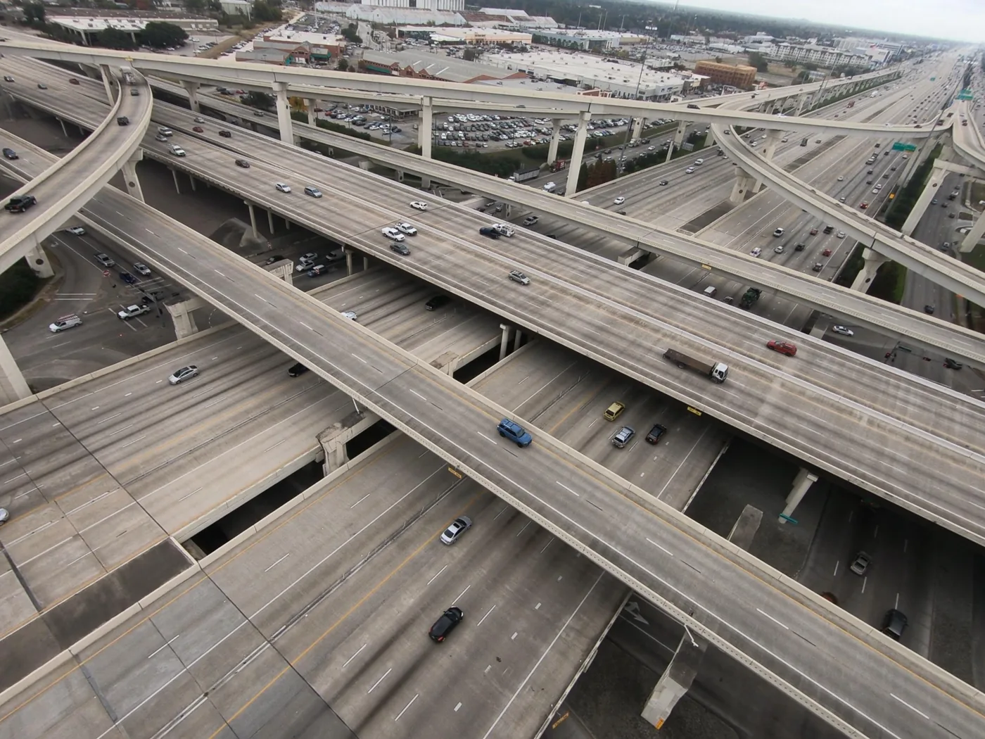 Aerial view of the Beltway 8 and I-10 freeway interchange in Houston